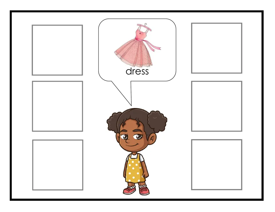 Dress sorting mat for the clothing activity, showing Monica requesting a dress through a labeled picture.