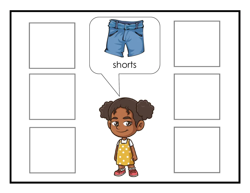 Shorts sorting mat for the clothing activity, showing Monica requesting shorts through a labeled picture.