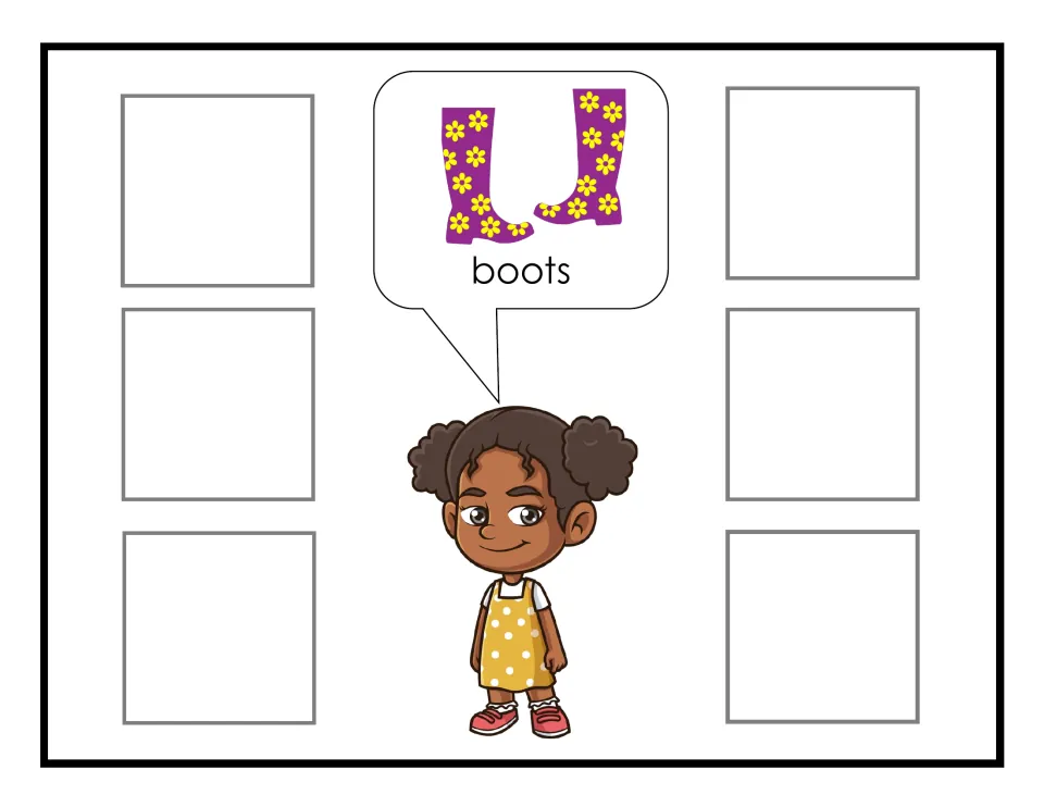 Boots sorting mat for the clothing activity, showing Monica requesting boots through a labeled picture.