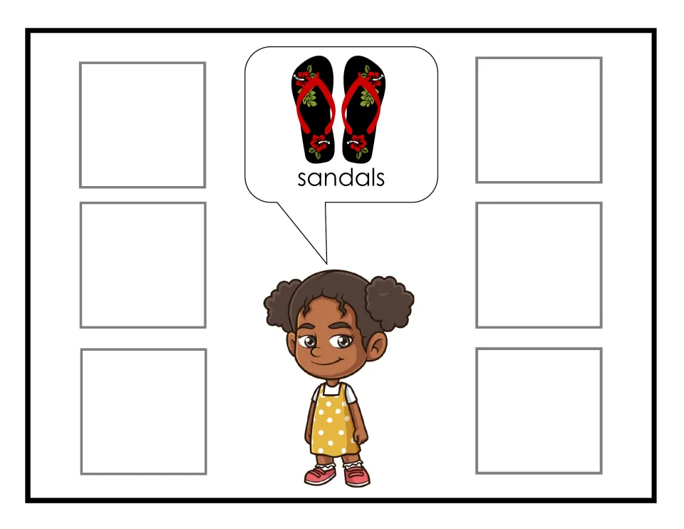 Sandals sorting mat for the clothing activity, showing Monica requesting sandals through a labeled picture.