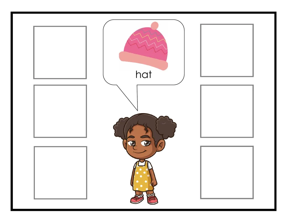 Hat sorting mat for the clothing activity, showing Monica requesting a hat through a labeled picture.