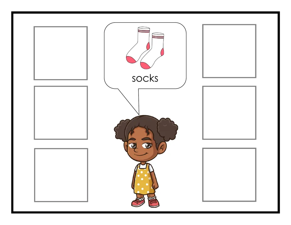 Socks sorting mat for the clothing activity, showing Monica requesting socks through a labeled picture.