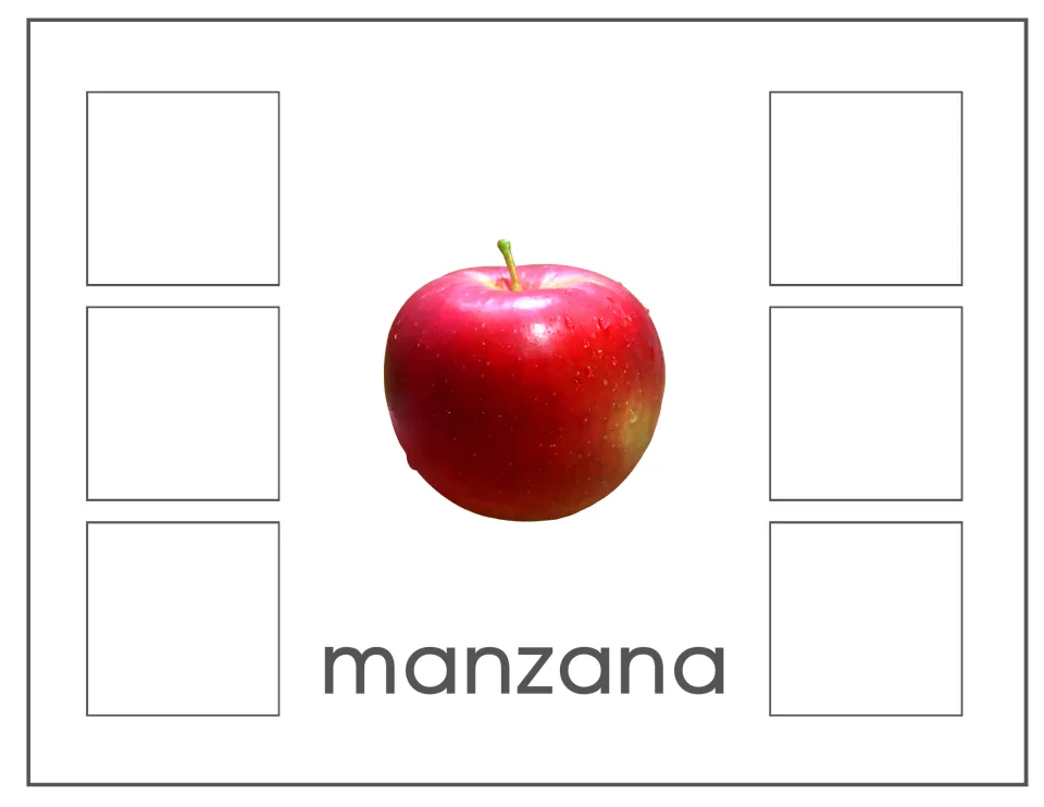 Spanish food-sorting mat labeled manzana (apple), with a red apple reference for sorting six apple pictures