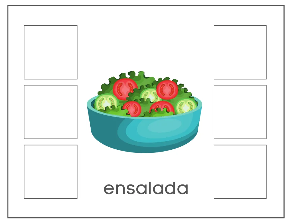 Spanish food-sorting mat labeled ensalada (salad), with a salad bowl reference for sorting six pictures