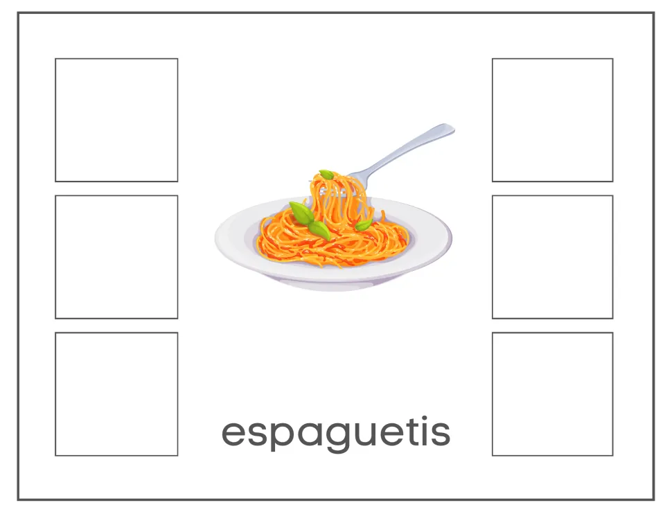 Spanish food-sorting mat labeled espaguetis (spaghetti), with a pasta reference for sorting six pictures