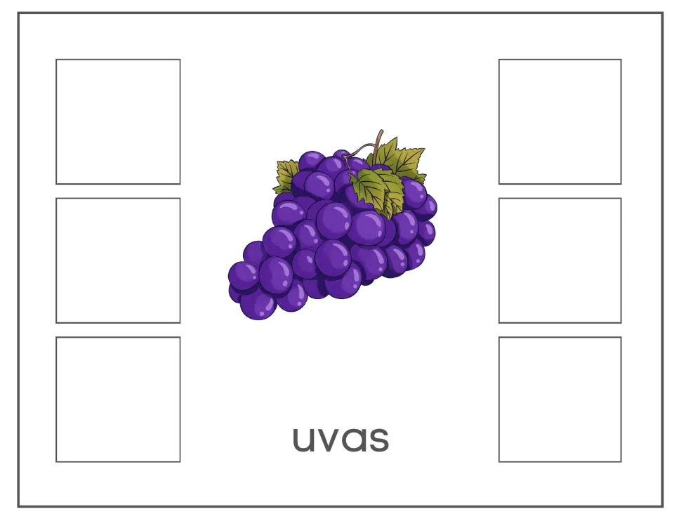 Spanish food-sorting mat labeled uvas (grapes), with a purple grape bunch reference for sorting six pictures
