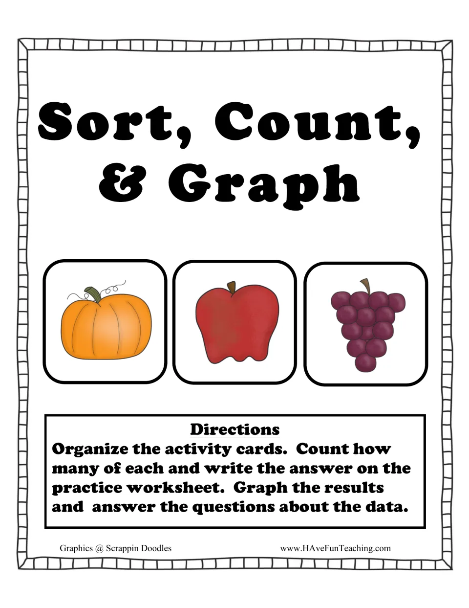 Sort, Count & Graph cover: pumpkin, apple and grape cards with directions to sort, count, graph and answer data questions