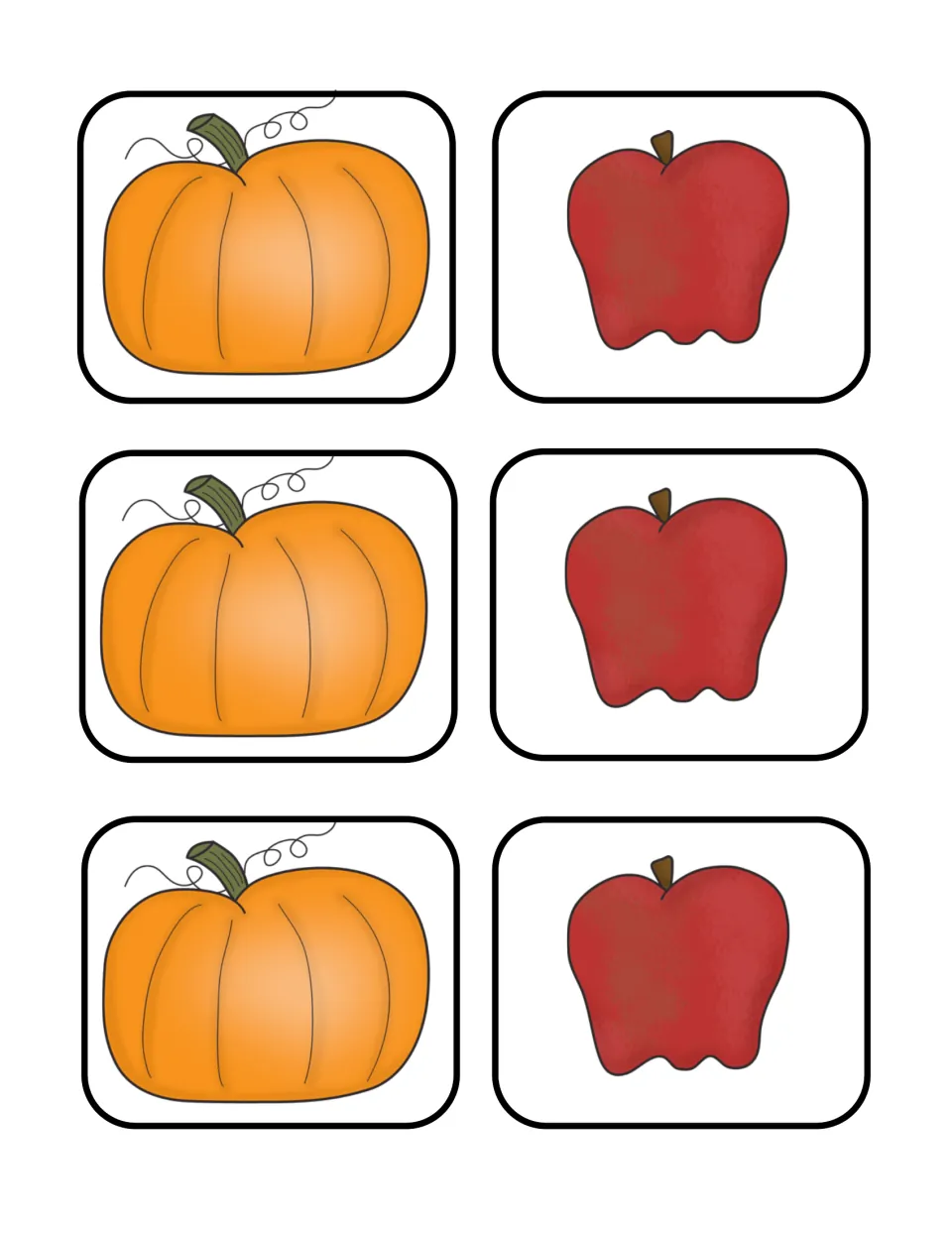 Fruit picture cards for sorting: three pumpkin cards and three apple cards for students to cut apart, group and count