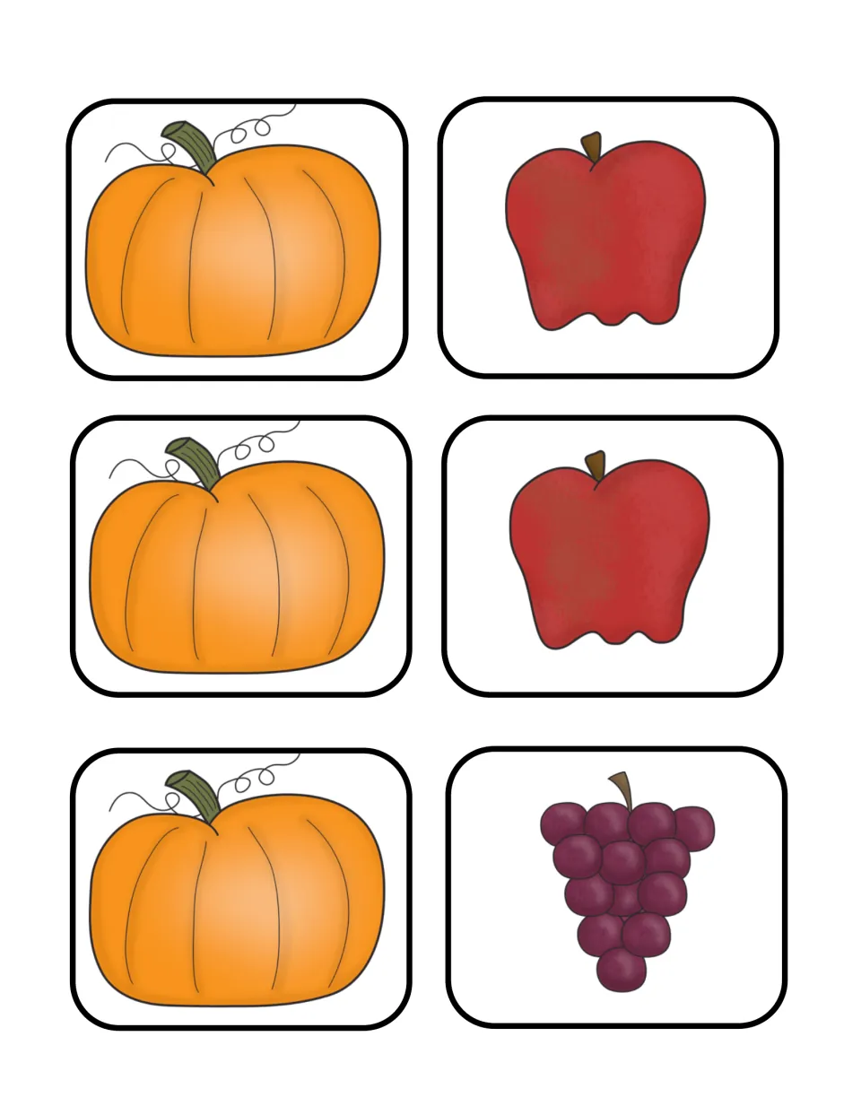 More fruit picture cards for sorting: three pumpkins, two apples and one bunch of grapes for students to group and tally