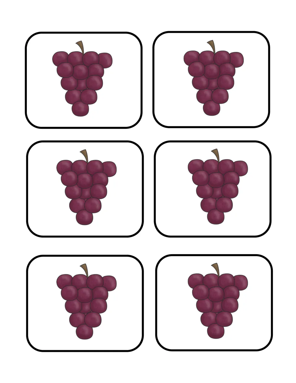 Grape picture cards for sorting: six identical bunches of purple grapes that students cut apart and add to the grape group