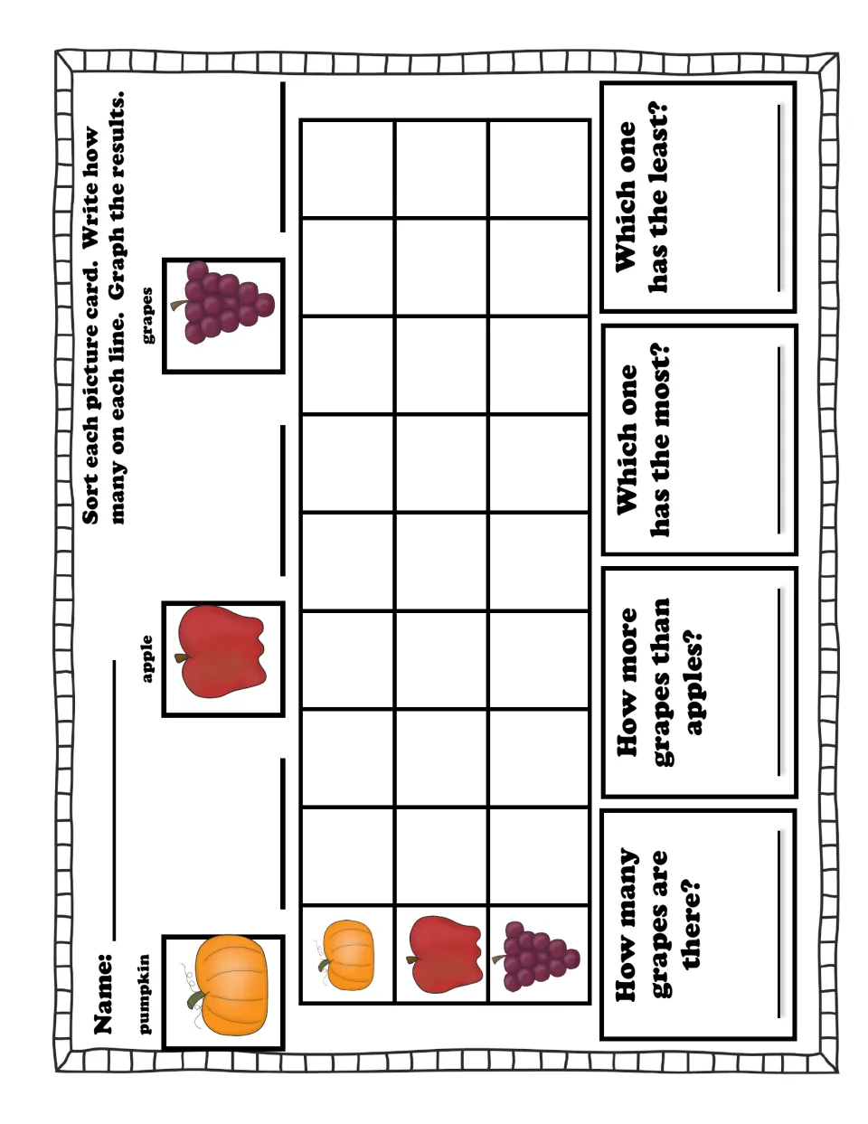 Fruit bar graph: students record pumpkin, apple and grape counts, graph them, then answer most, least and how-many-more