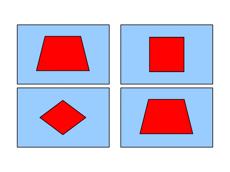 Shape sorting cards showing a square, a rhombus and two trapezoids in red, for sorting quadrilaterals by their attributes