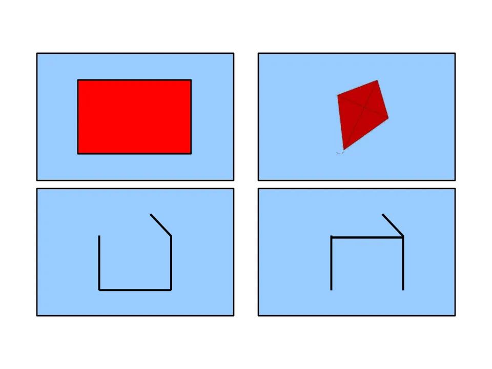 Shape sorting cards showing a rectangle, a kite and two open line figures, to test what counts as a quadrilateral