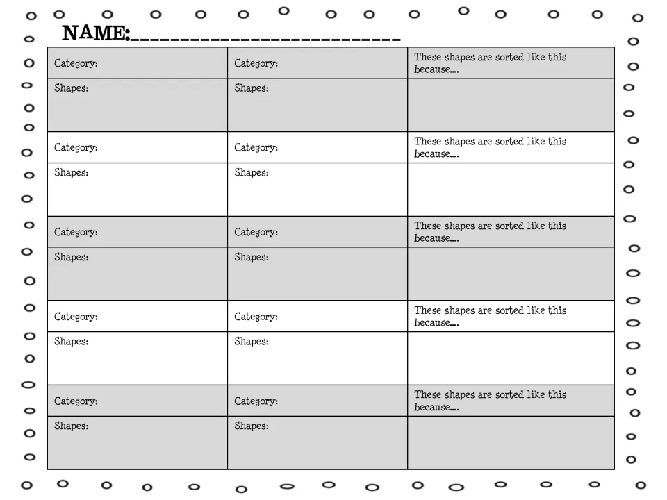 Sorting record sheet: students list each category, the shapes in it and explain why the shapes are sorted that way