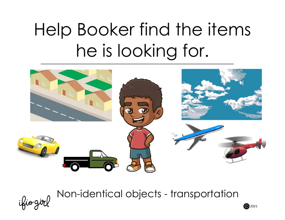 Transportation sorting activity cover: 'Help Booker find the items he is looking for,' with four vehicles