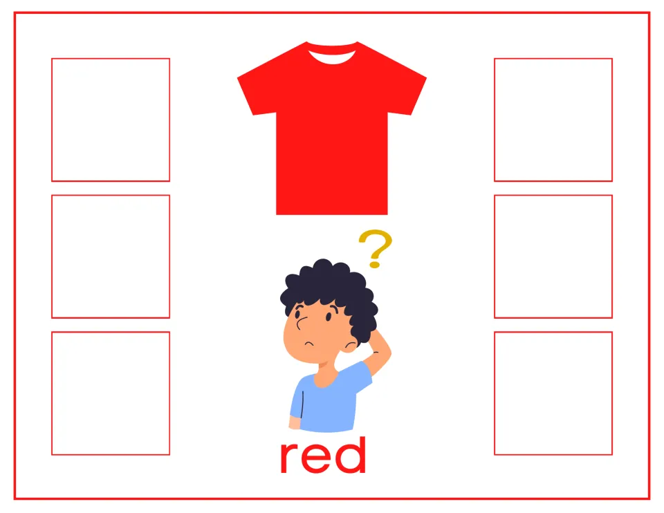Red sorting mat with a red shirt, a puzzled boy and the word red; students place six red color, word or shirt cards on it