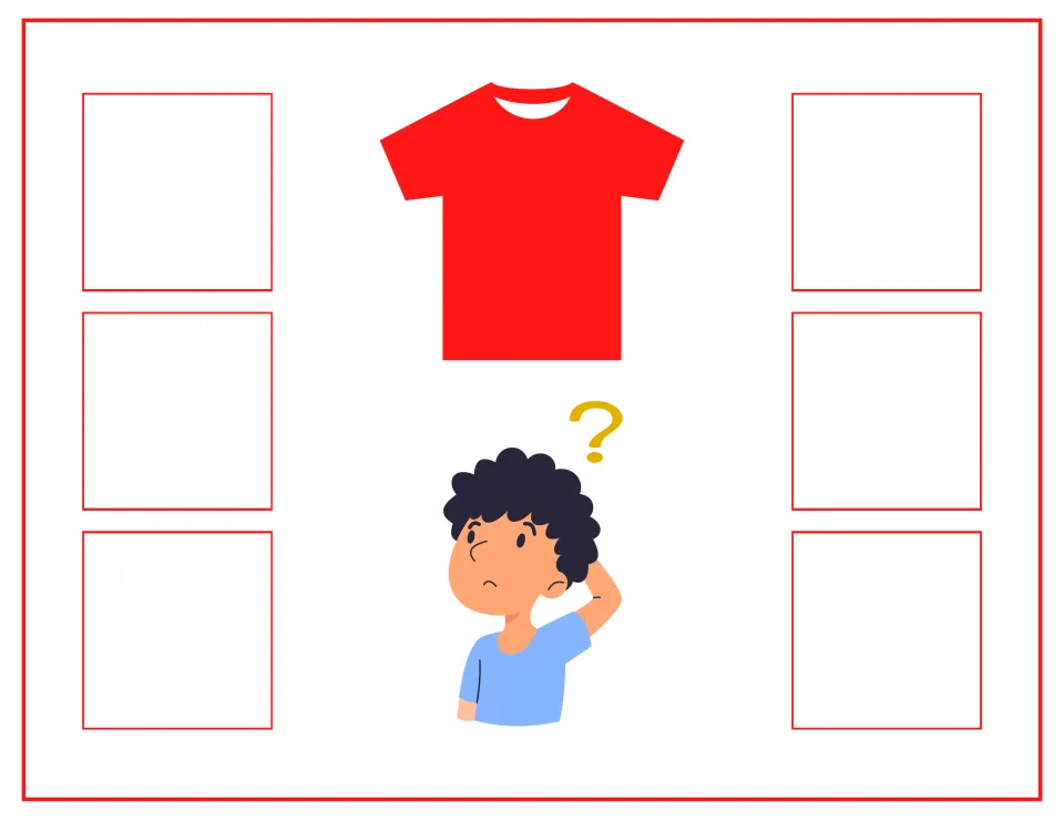 Red sorting mat without a color word: a red shirt and a puzzled boy, with six spots for students to place red cards