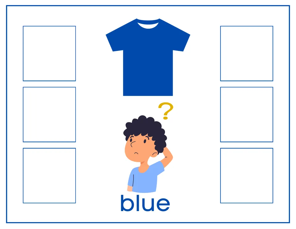 Blue sorting mat with a blue shirt, a puzzled boy and the word blue; students place six blue color, word or shirt cards