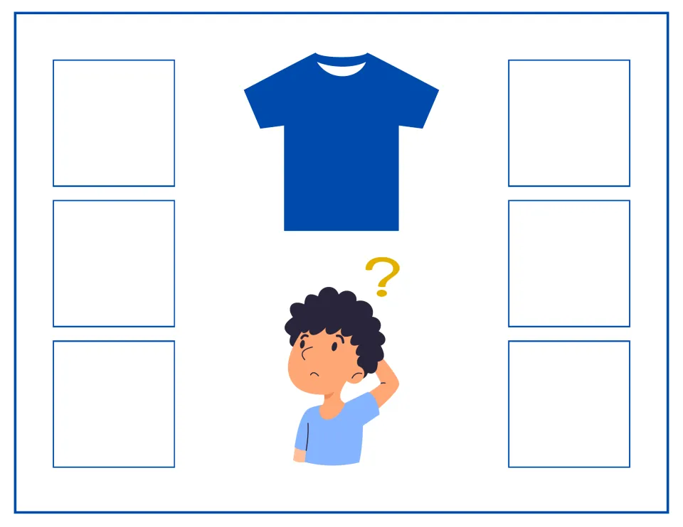 Blue sorting mat without a color word: a blue shirt and a puzzled boy, with six spots for students to place blue cards