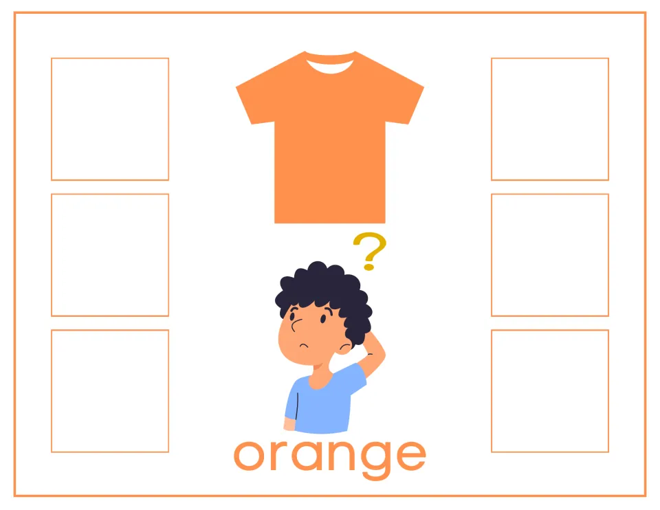 Orange sorting mat with an orange shirt, a puzzled boy and the word orange; students place six orange color or word cards