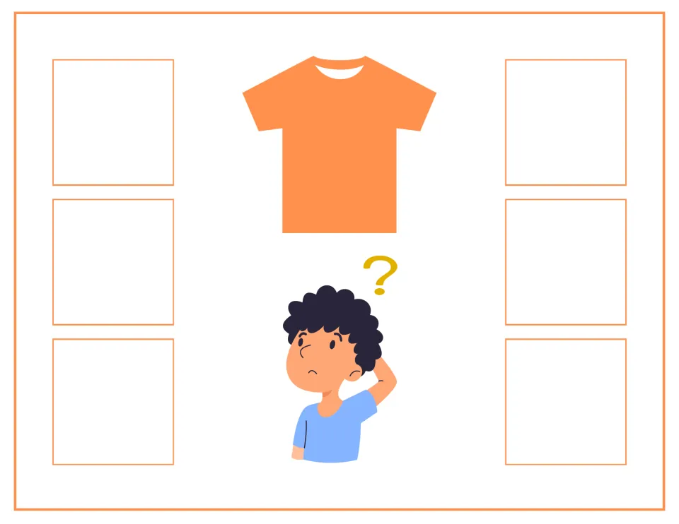 Orange sorting mat without a color word: an orange shirt and a puzzled boy; students place orange cards in six spots
