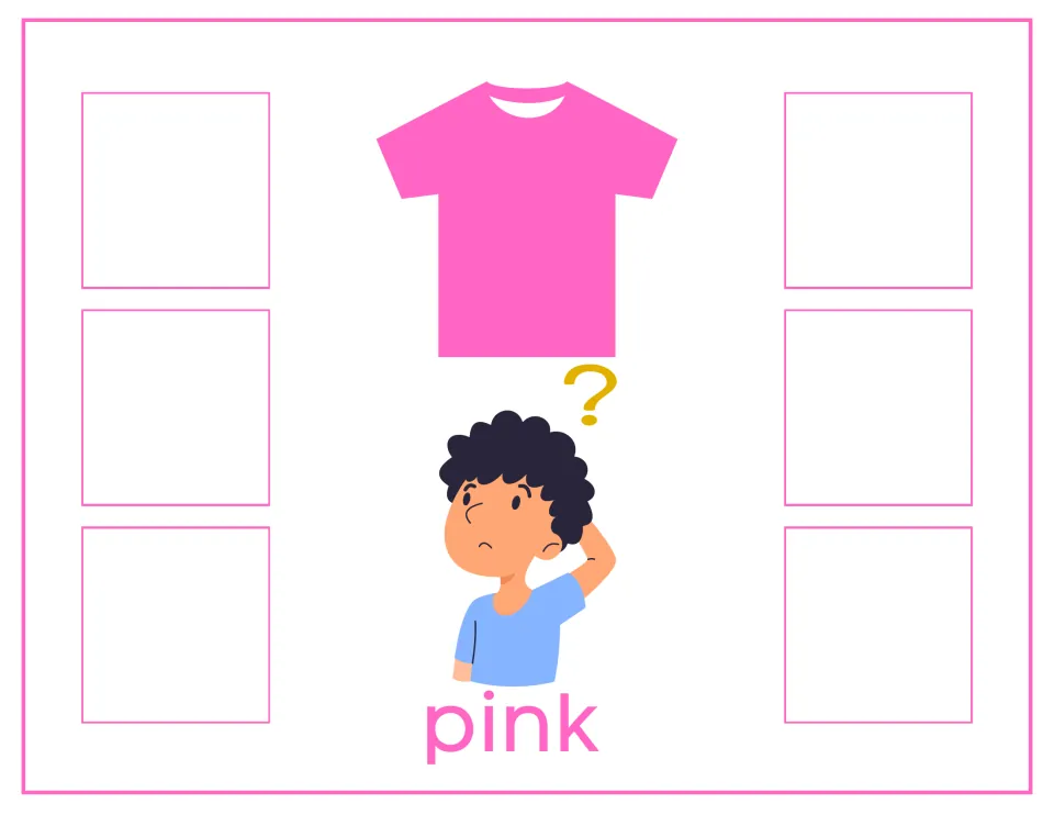 Pink sorting mat with a pink shirt, a puzzled boy and the word pink; students place six pink color, word or shirt cards