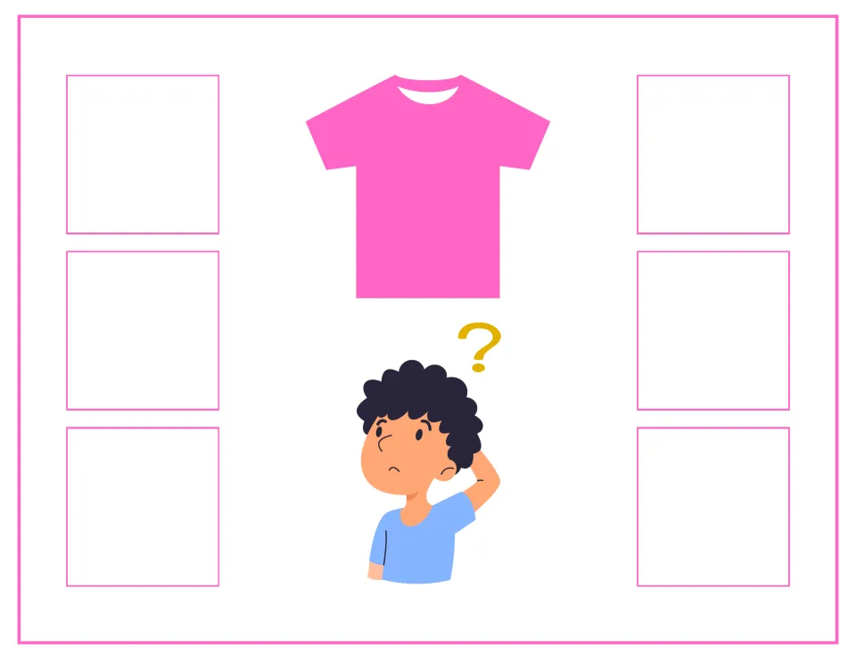 Pink sorting mat without a color word: a pink shirt and a puzzled boy, with six spots for students to place pink cards