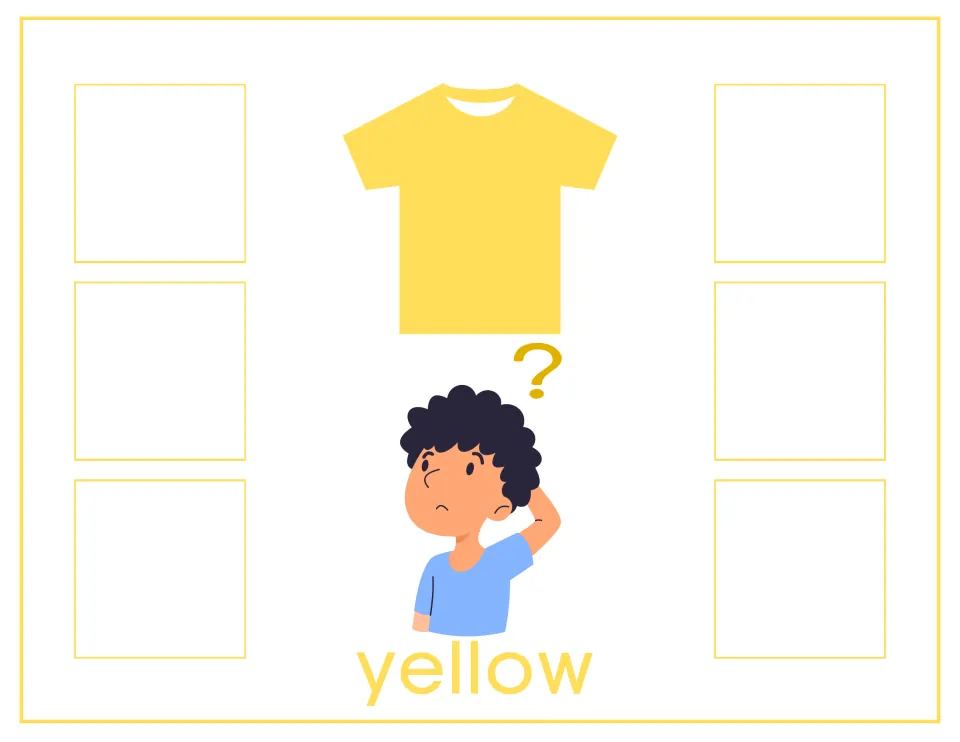 Yellow sorting mat with a yellow shirt, a puzzled boy and the word yellow; students place six yellow color or word cards