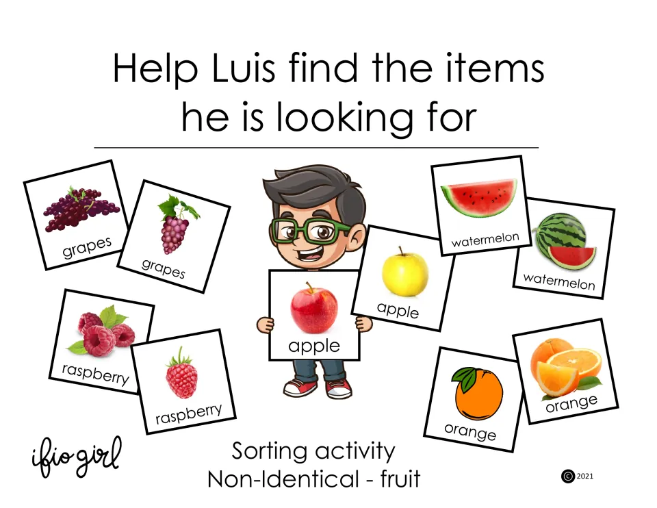 Fruit sorting activity cover: Help Luis find the items he is looking for, with examples of fruit pairs