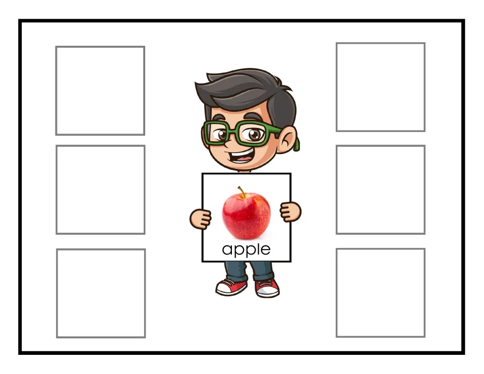Apple sorting mat featuring a red apple labeled apple, for grouping six non-identical apple cards