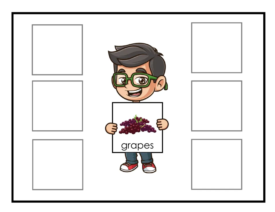 Grapes sorting mat featuring purple grapes labeled grapes, for grouping six non-identical grape cards
