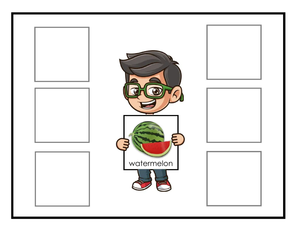 Watermelon sorting mat showing a whole melon and slice labeled watermelon, for grouping six fruit cards