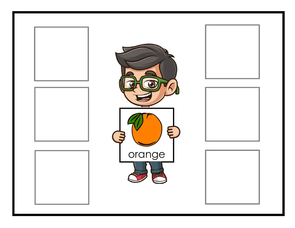 Orange sorting mat featuring an illustrated orange labeled orange, for grouping six non-identical fruit cards