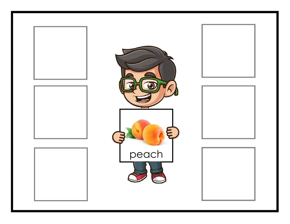 Peach sorting mat featuring two peaches labeled peach, for grouping six non-identical peach cards
