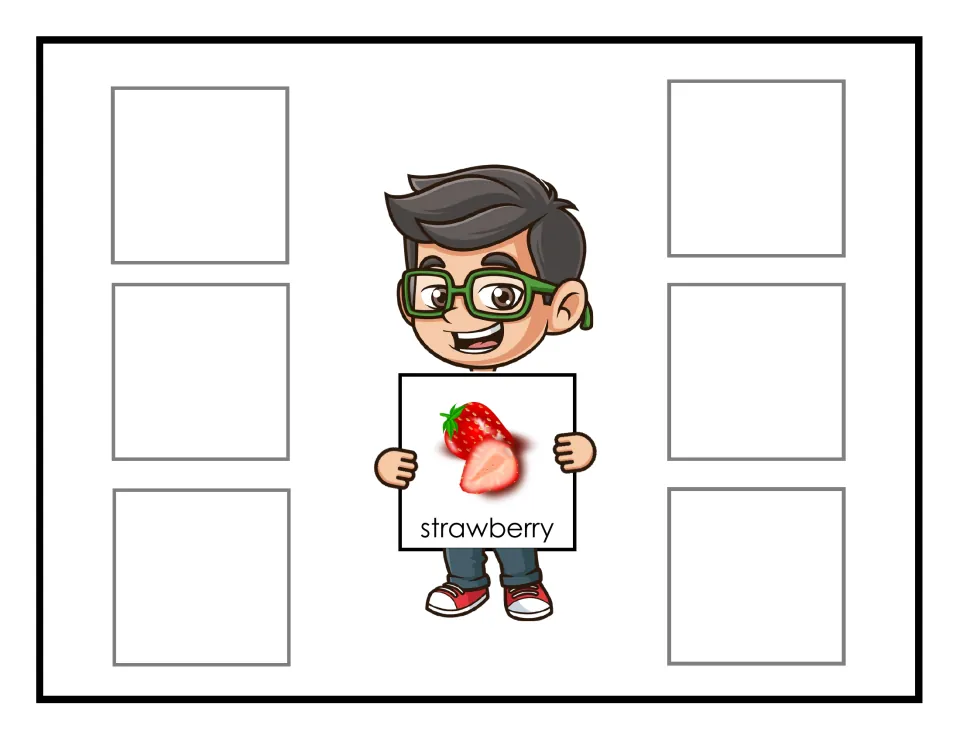 Strawberry sorting mat showing a whole berry and half labeled strawberry, for grouping six fruit cards