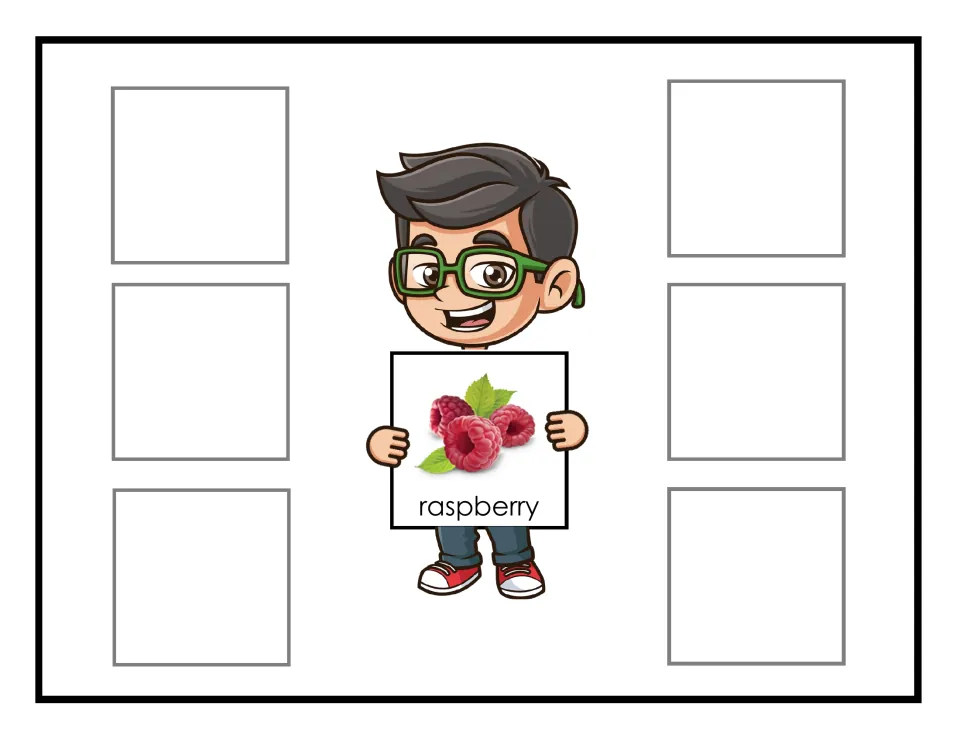 Raspberry sorting mat showing raspberries labeled raspberry, for grouping six non-identical fruit cards