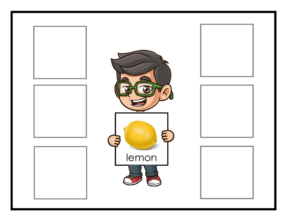 Lemon sorting mat featuring a yellow lemon labeled lemon, for grouping six non-identical lemon cards