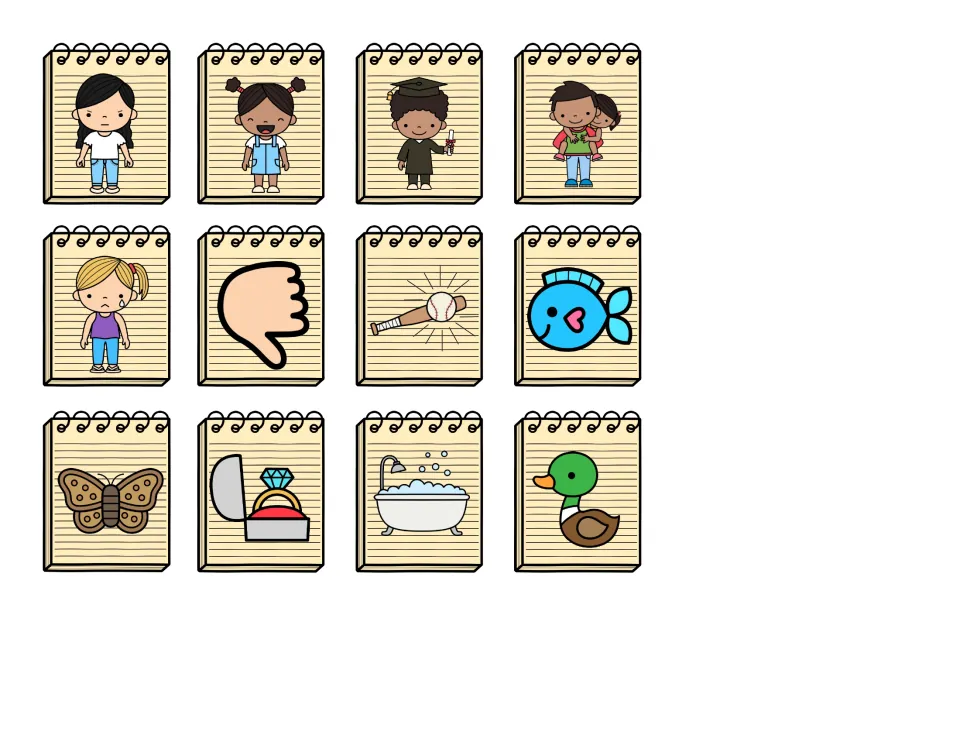 AD word family picture cards to sort: 12 images such as a sad girl, thumbs down, a dad and child, a bat, fish and duck