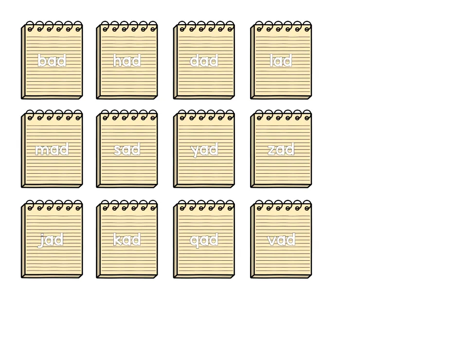 Real vs. nonsense -ad word cards: bad, had, dad, lad, mad and sad alongside made-up yad, zad, jad, kad, qad and vad