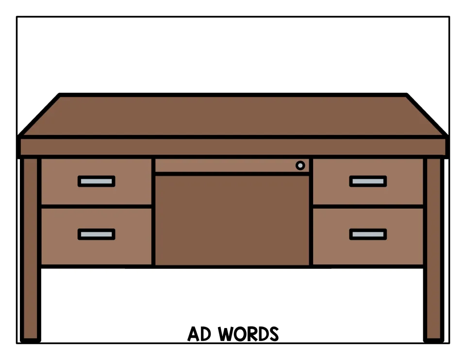 AD WORDS sorting mat showing a large desk where students place every card that ends in the -ad rime