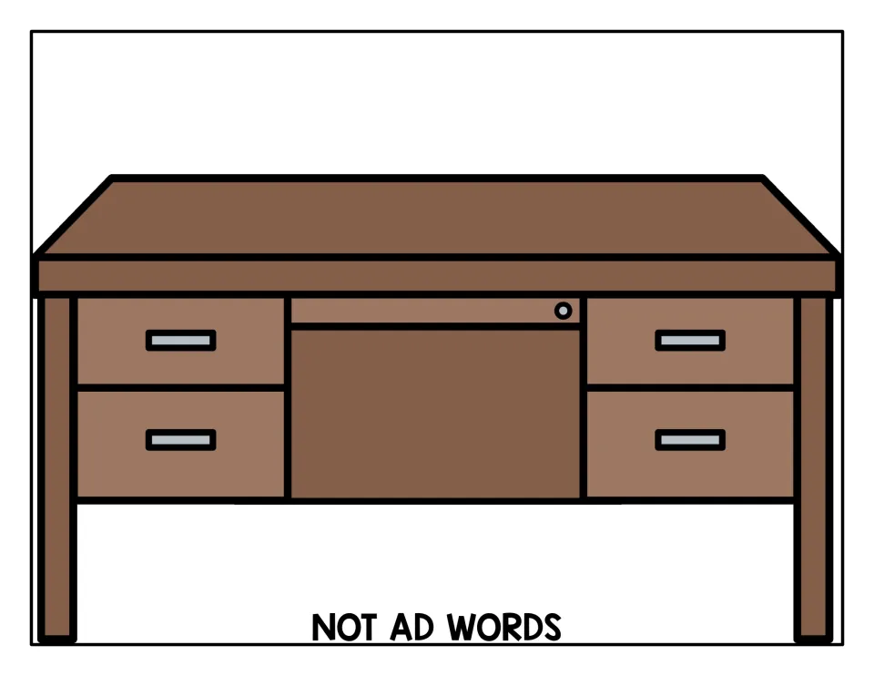 NOT AD WORDS sorting mat with a desk illustration where students set cards like bat, rug or pot that lack the -ad ending