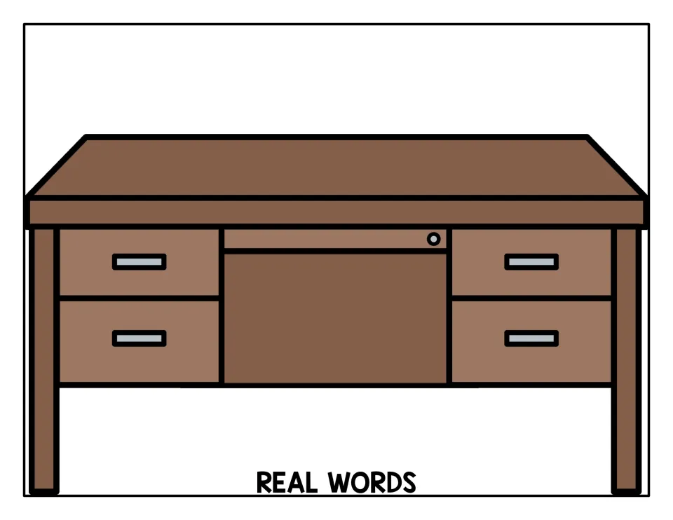 REAL WORDS sorting mat with a desk drawing where students collect -ad cards that are actual words, such as dad, mad or sad
