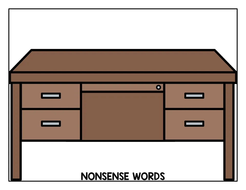 NONSENSE WORDS sorting mat with a desk drawing where students place made-up -ad words like yad, zad or qad after decoding