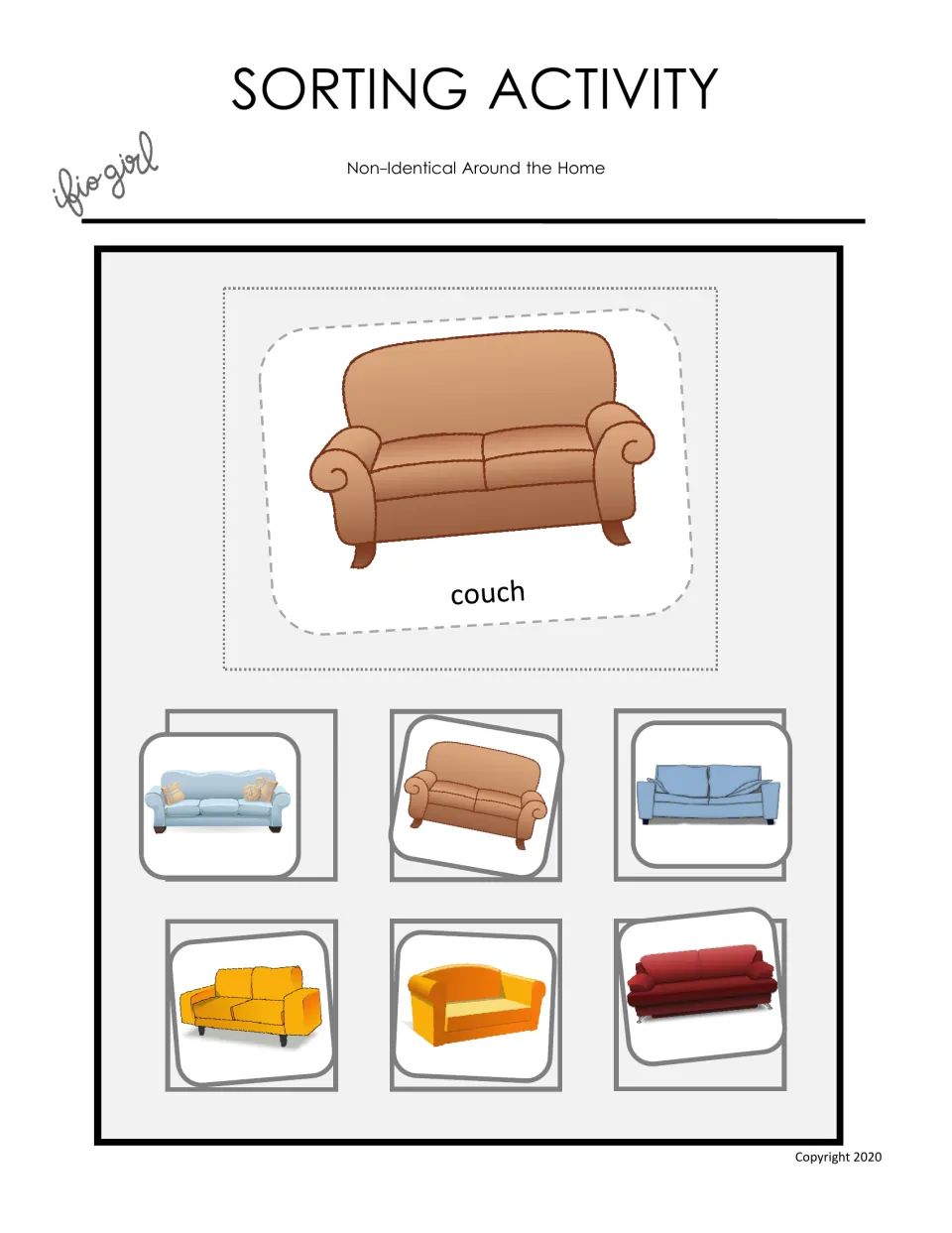 Sorting activity cover, Non-Identical Around the Home: a couch target card above six different couch pictures to match