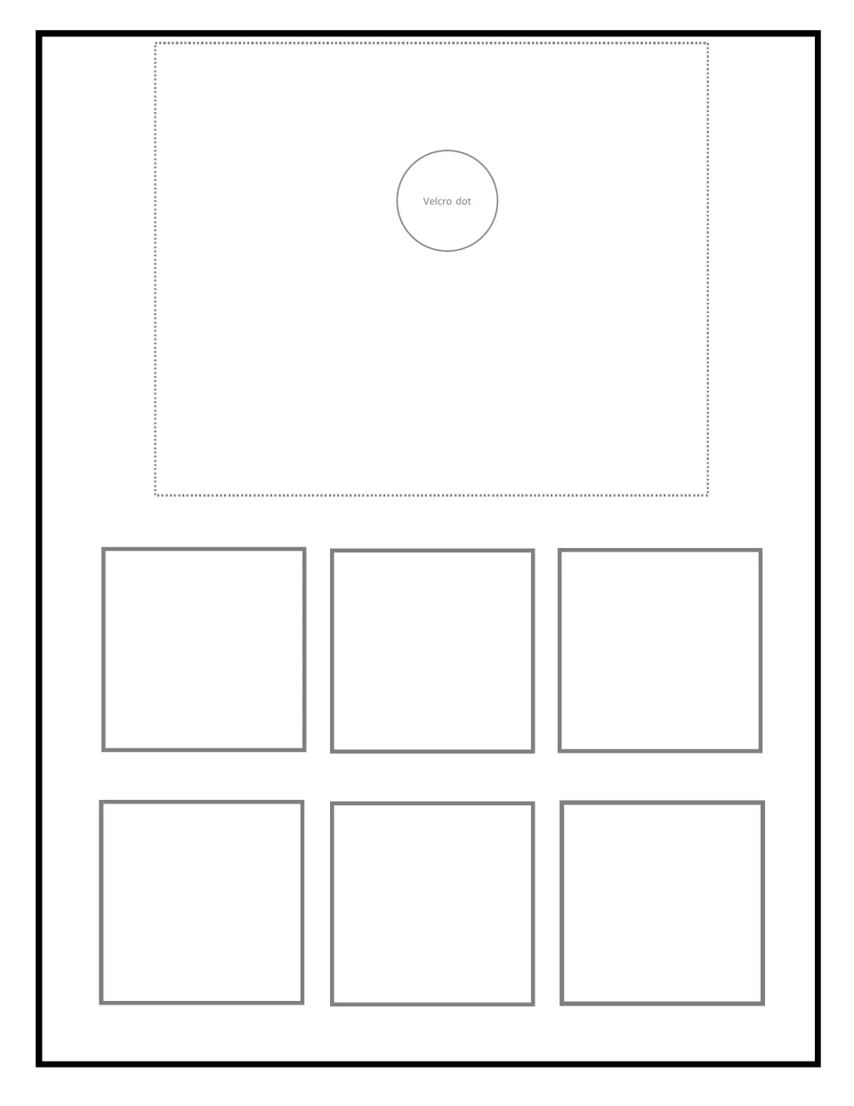 Blank sorting mat 2 of 9: a Velcro dot shows where to attach the target card, plus six spots for matching item pictures