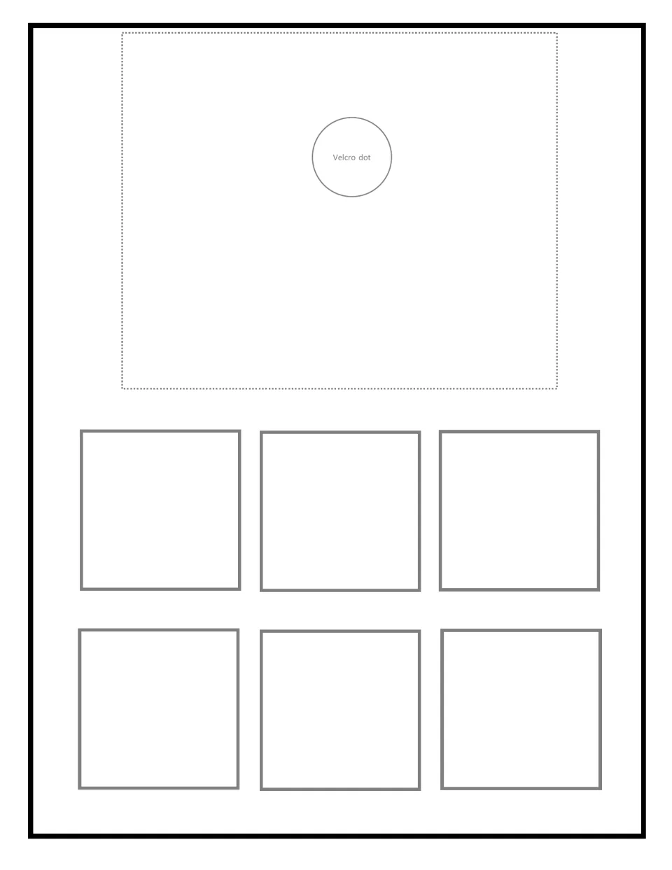 Blank sorting mat 5 of 9: a marked Velcro dot holds the target card; six spots below take different versions of that item