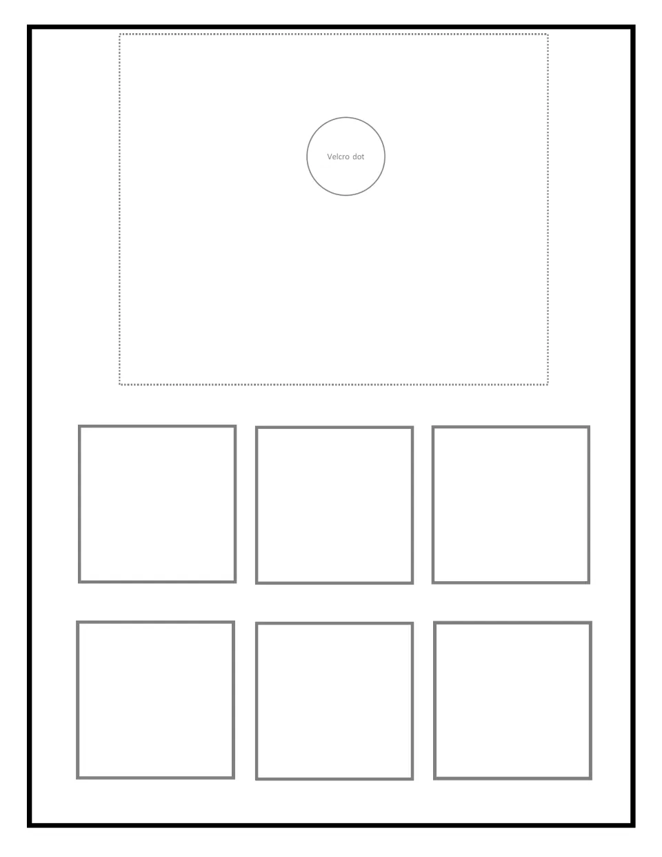Blank sorting mat 7 of 9: Velcro dot marked for the target picture, with six spots where students place matching items