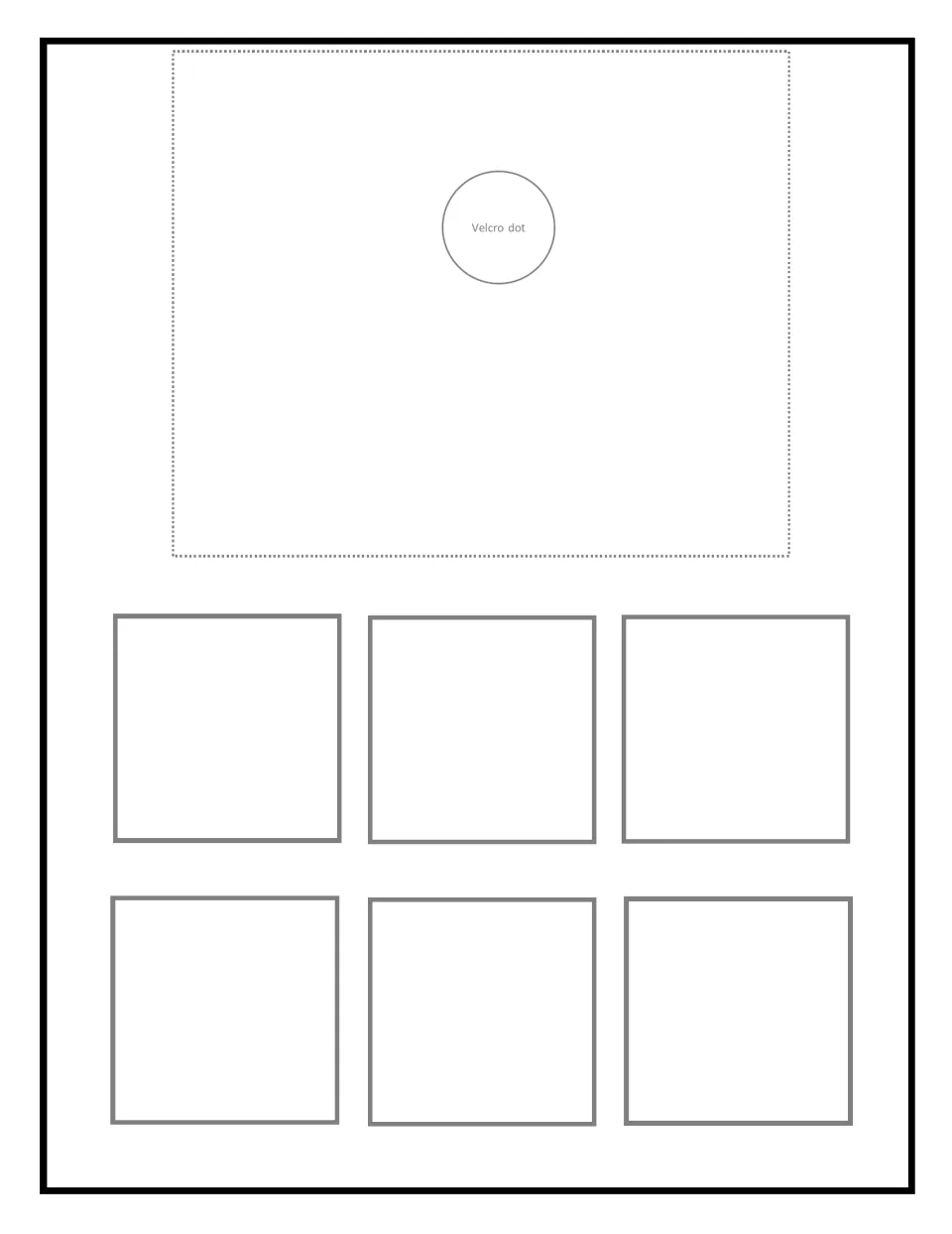 Blank sorting mat 8 of 9: one Velcro dot for the target item card and six spots for sorting similar household pictures