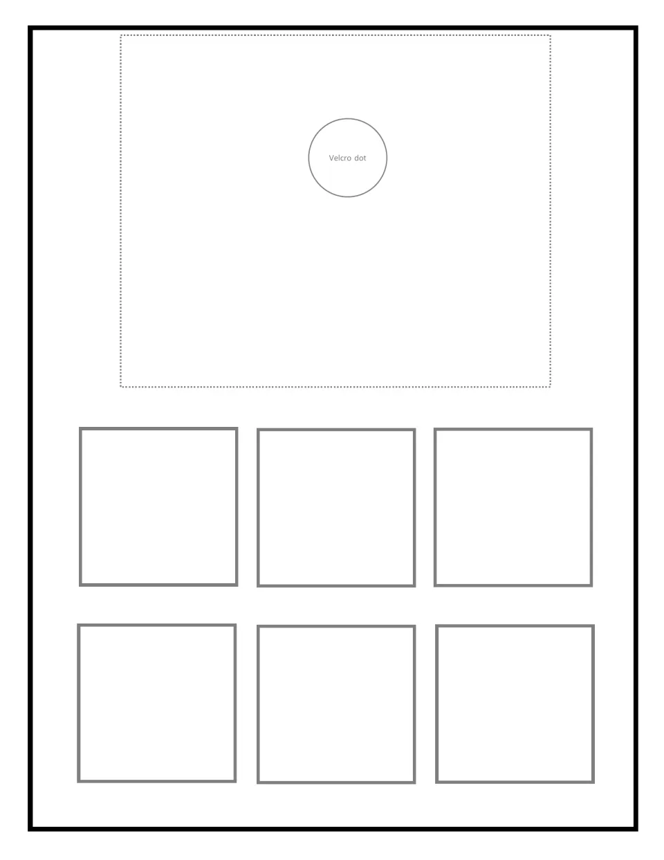Blank sorting mat 9 of 9: a Velcro dot for the target card sits above six spots for matching non-identical item pictures
