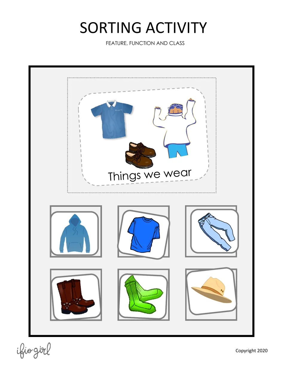 Feature, function and class sorting cover: a Things we wear card matched with hoodie, T-shirt, jeans, boots, socks and hat